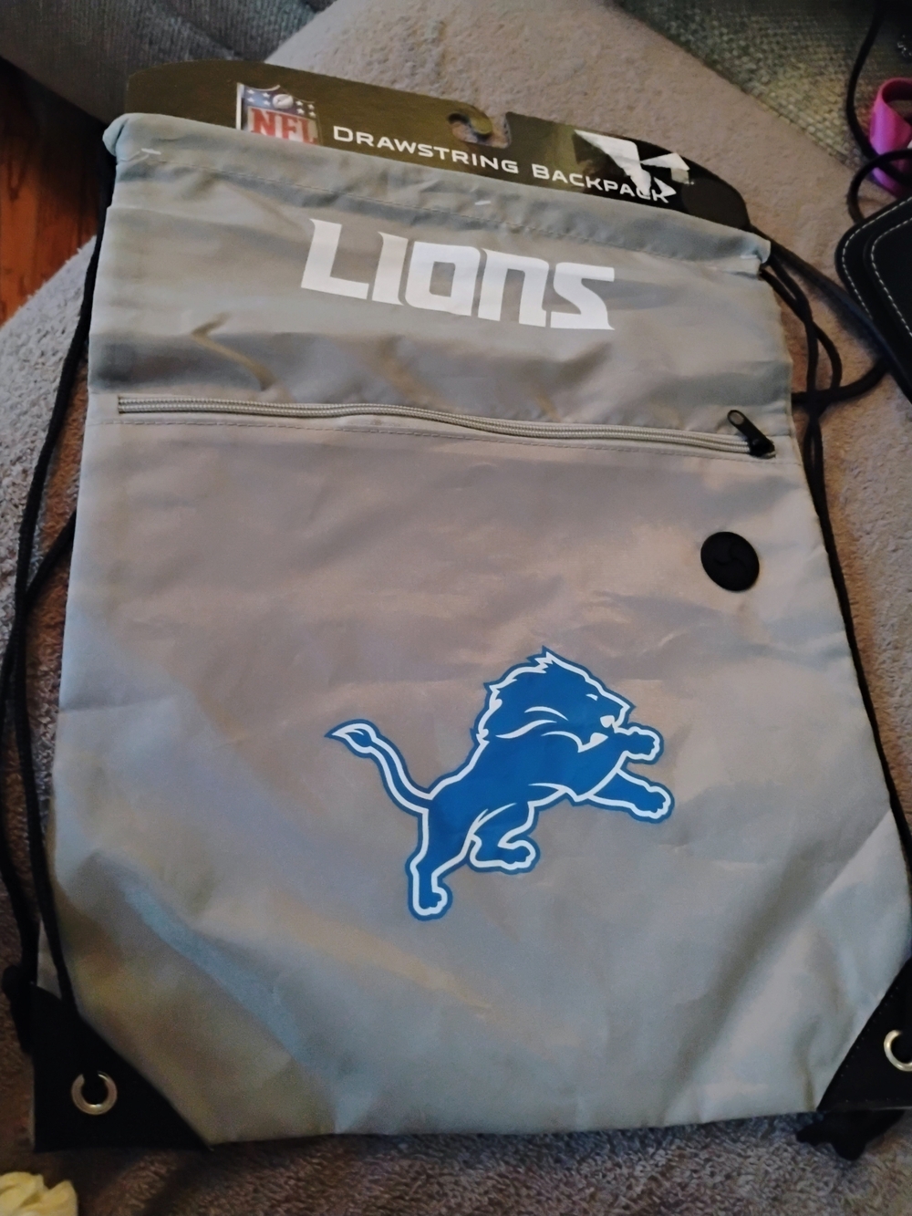 NFL Detroit Lions Gray Drawstring Backpack with Blue Logo